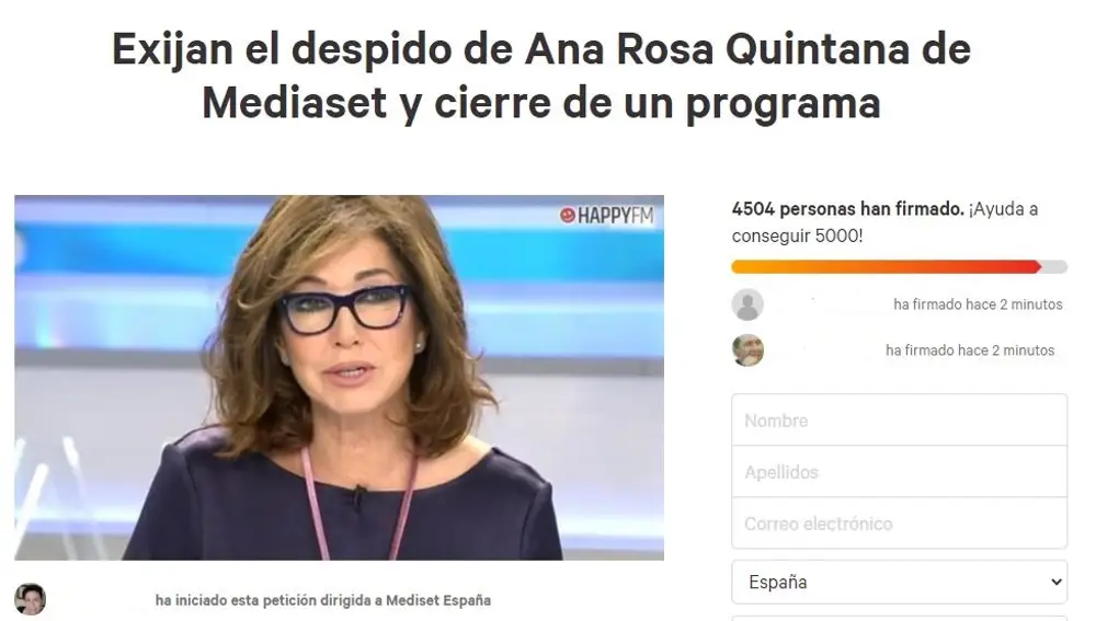 Captura de la petición en change.org para el despido de Ana Rosa Quintana.