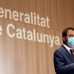 El vicepresidente de la Generalitat en funciones, Pere Aragonès, durante la rueda de prensa de presentación de la campaña de vacunación masiva en Cataluña