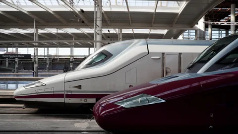 Vista de un tren AVE (izquierda) junto a uno de los trenes (derecha) del nuevo servicio de alta velocidad de bajo coste Avlo, de Renfe, en la estación de Madrid Atocha