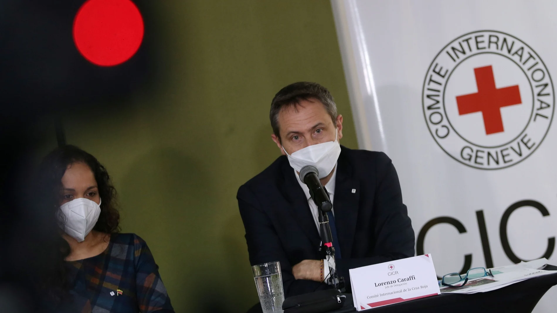 Lorenzo Caraffi, head of International Committee of the Red Cross (ICRC) delegation in Colombia, speaks during a news conference in Bogota, Colombia March 24, 2021. REUTERS/Luisa Gonzalez