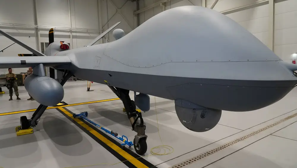 FILE PHOTO: A U.S. Air Force MQ-9 Reaper drone sits in a hanger at Amari Air Base, Estonia, July 1, 2020. U.S. unmanned aircraft are deployed in Estonia to support NATO's intelligence gathering missions in the Baltics. REUTERS/Janis Laizans/File Photo