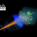 Representación de una colisión de partículas en el experimento LHCb. La colisión tiene lugar abajo a la izquierda y las partículas se propagan hacia la derecha a través de diferentes “capas” del detector, cuyo objetivo es identificar el tipo de partícula y medir algunas de sus propiedades. Al final del recorrido, a la derecha, las partículas se frenan para poder medir cuánta energía llevaban. Esta colisión en concreto tuvo lugar el 9 de mayo de 2016.