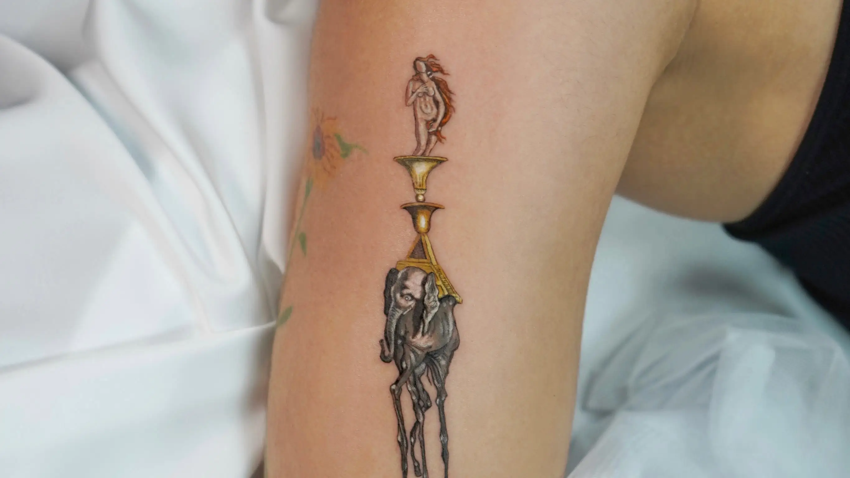 Tatuaje compuesto con escenas de cuadros de Dalí y Botticelli, realizado por Caótida