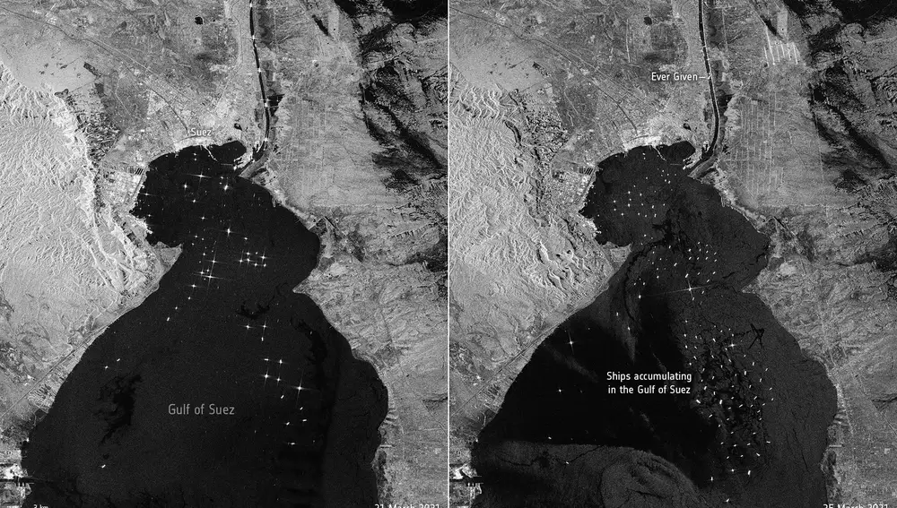 El tráfico marítimo el 21 de marzo frente al 25 marzo en una imagen satelital de la Agencia Europea Espacial distribuida ayer