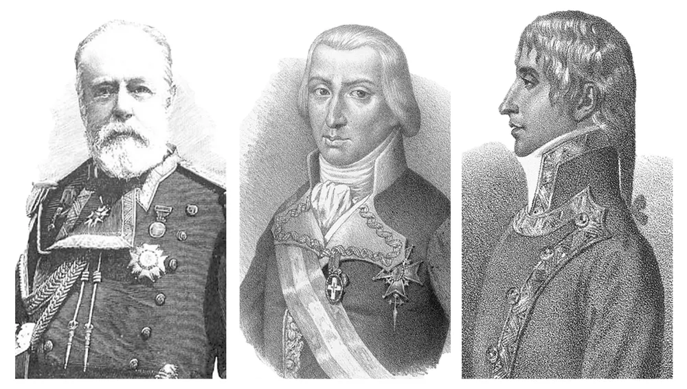 De izquierda a derecha, el almirante Pascual Cervera y Topete, Federico Gravina y Cosme Damián Churruca