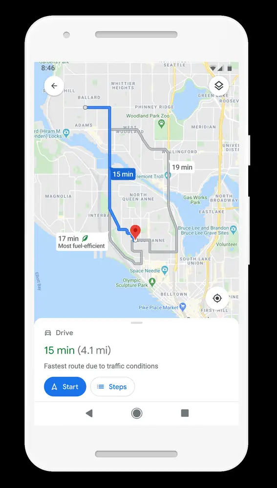 Imagen de la nueva función de Google Maps para elegir rutas más ecológicas