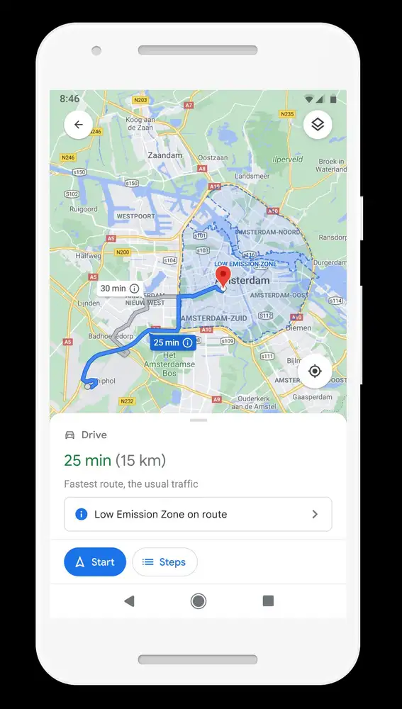 Imagen de la nueva función de Google Maps para conocer las zonas de bajas emisiones de las ciudades
