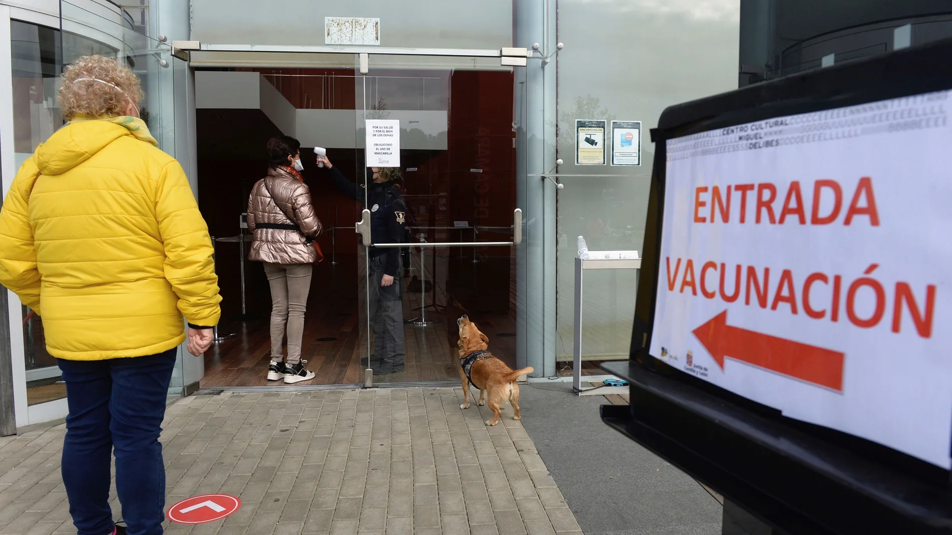 Varios ciudadanos hacen cola para vacunarse contra la covid en el centro cultural Miguel Delibes de Valladolid