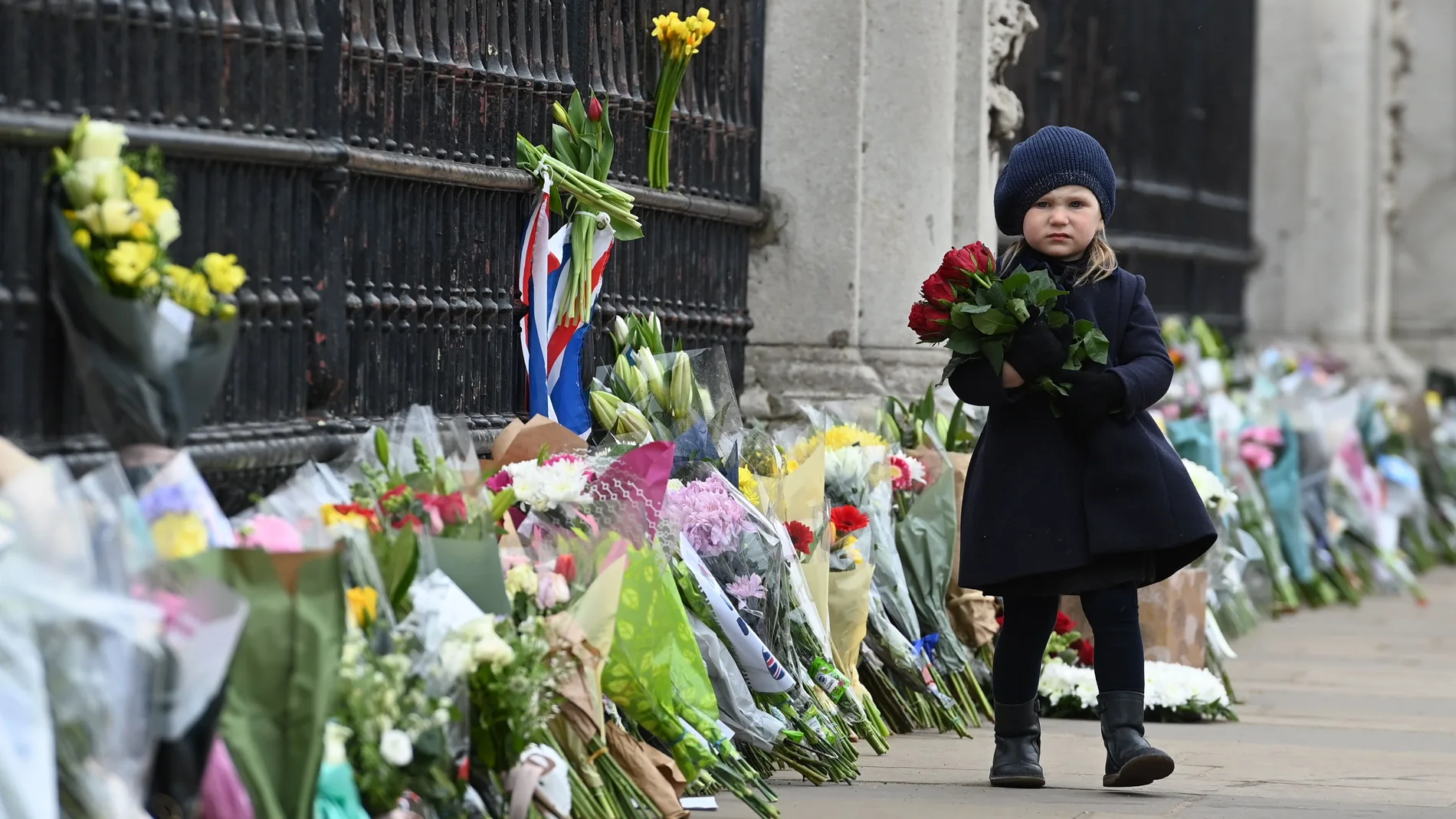 Una niña deja flores en la verga del Palacio de Buckhingham en recuerdo del príncipe Felipe