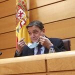 El ministro de Agricultura, Pesca y Alimentación, Luis Planas, se quita la mascarilla antes de comparecer ante la comisión del ramo en el Senado
