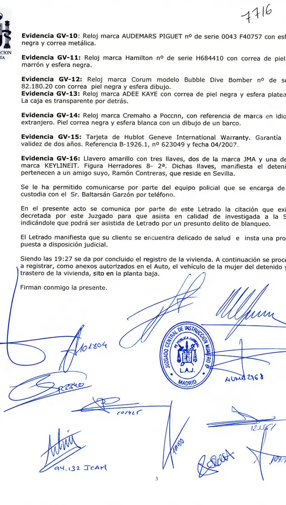 Acta del registro de la vivienda de García Castaño en la que se asegura que el comisario habló con Baltasar Garzón en calidad de abogado