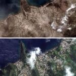 Combinación de dos fotos con imágenes proporcionadas por Maxar Technologies que muestra, arriba, el paseo marítimo de Richmond Vale cubierto de ceniza volcánica, en Chateaubelair, San Vicente un día después de otra erupción del volcán La Soufriere
