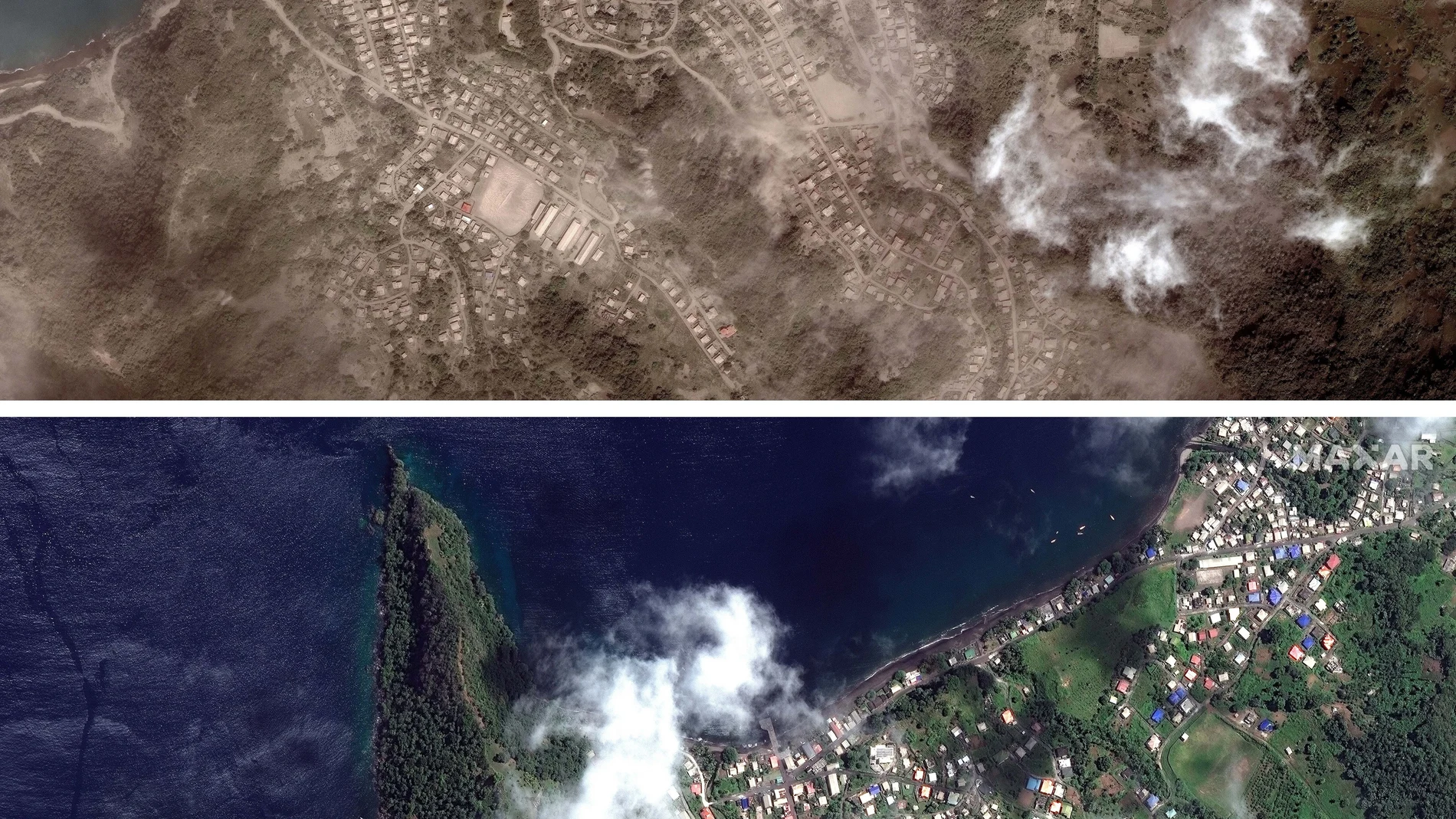 Combinación de dos fotos con imágenes proporcionadas por Maxar Technologies que muestra, arriba, el paseo marítimo de Richmond Vale cubierto de ceniza volcánica, en Chateaubelair, San Vicente un día después de otra erupción del volcán La Soufriere