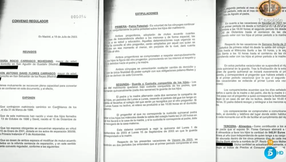 Convenio regulador firmado el 18 de julio de 2003 por parte de Rocío Carrasco y Antonio David Flores