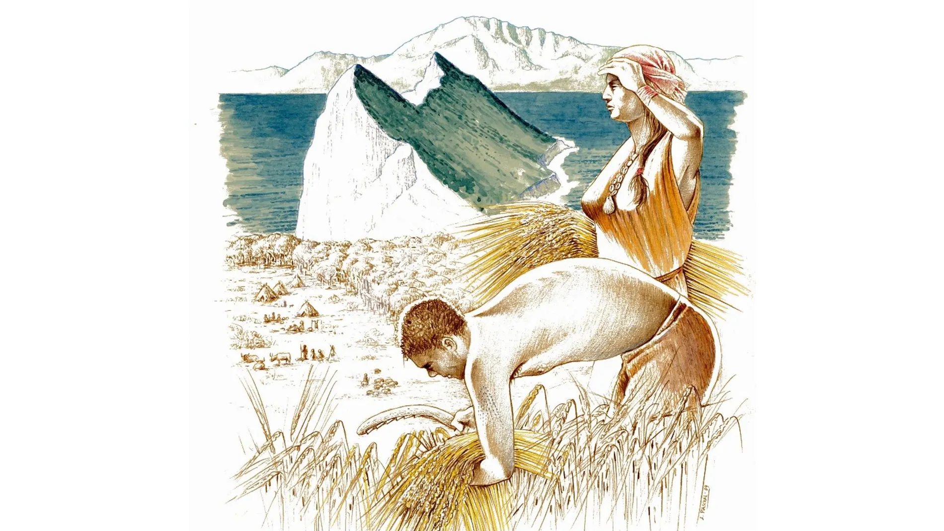 Ilustración de agricultores neolíticos