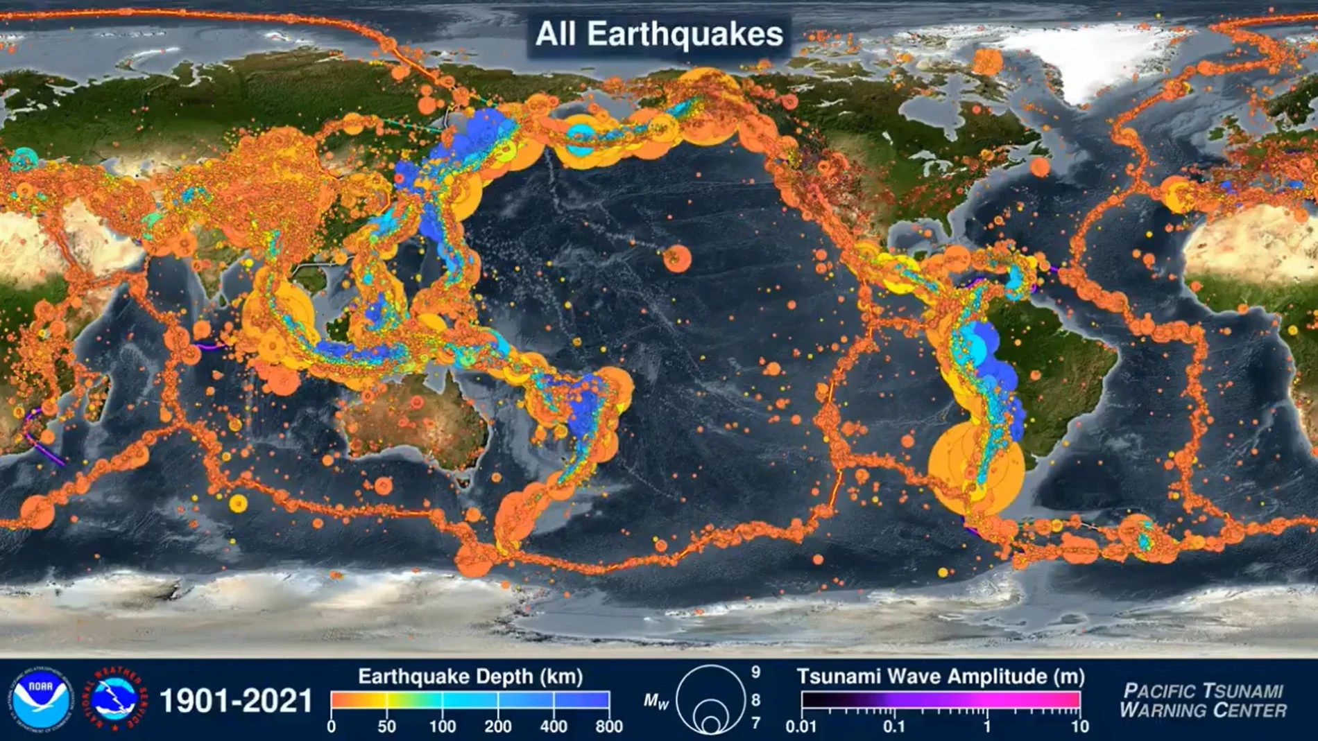 Vista general que muestra todos los terremotos registrados desde el año 1900 hasta nuestros días
