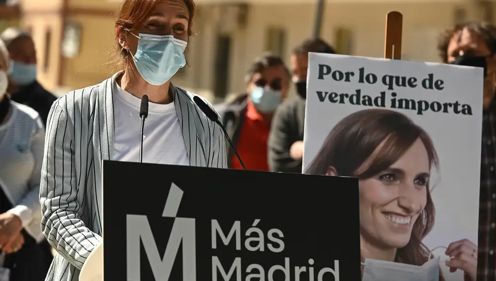 La candidata de Más Madrid a la Comunidad, Mónica García, durante la presentación ayer sábado del cartel electoral