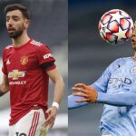 Bruno Fernandes (izq) y Joao Cancelo (der), futbolistas del Manchester United y Manchester City respectivamente