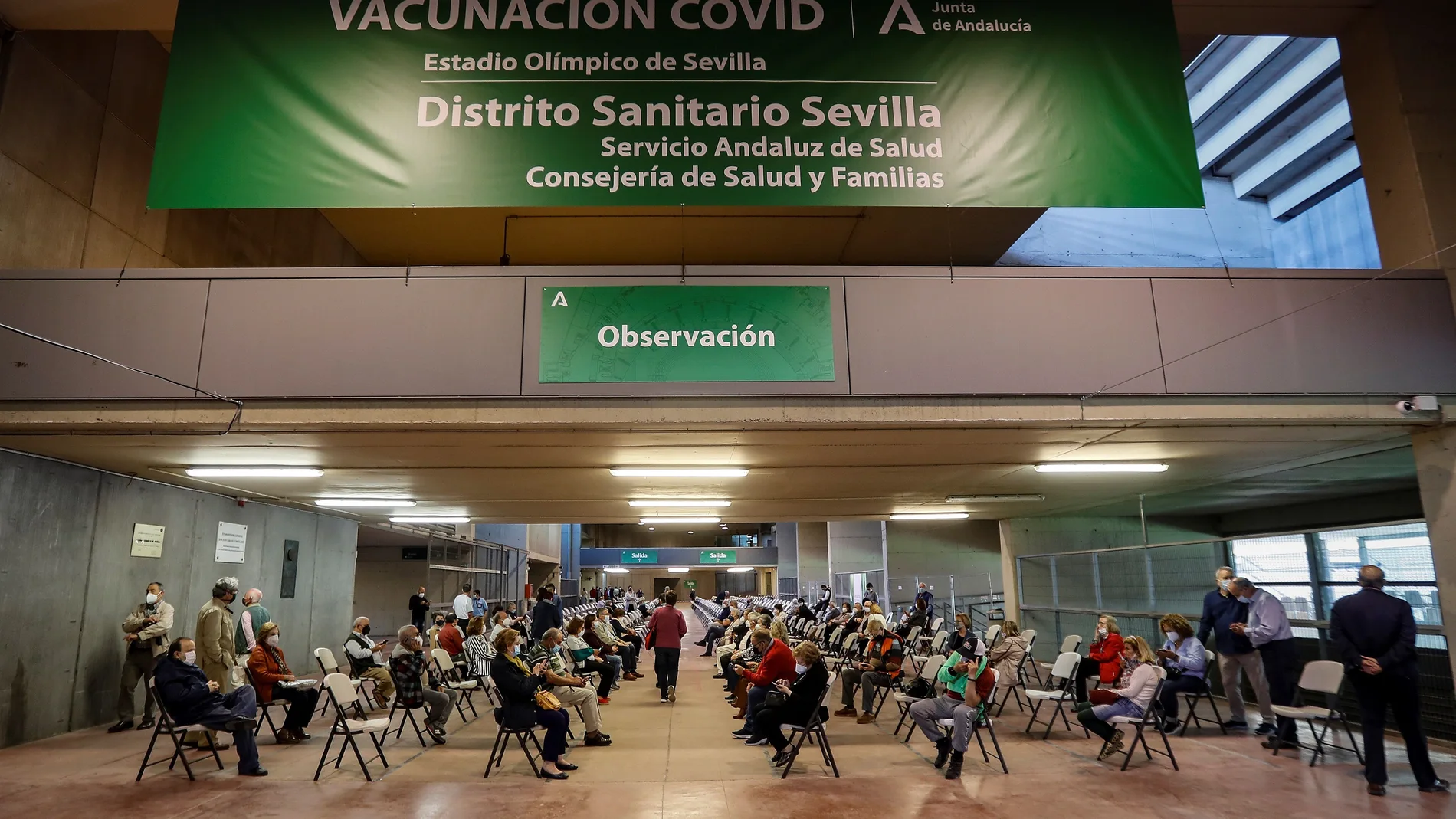 Algunas de las personas que esperan su turno para ser vacunadas hoy en el estadio de la Cartuja de Sevilla que ha comenzado este jueves a funcionar como centro de vacunación masiva frente a la Covid