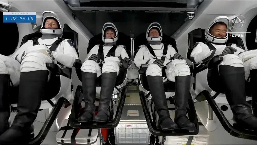 ESA astronaut Thomas Pesquet OF France, NASA astronauts Shane Kimbrough and Megan McArthur, and JAXA astronaut Akihiko Hoshide of Japan await the launch of their NASA commercial crew mission to the International Space Station, within the Crew Dragon capsule of the SpaceX Falcon 9 rocket at Kennedy Space Center in Cape Canaveral, Florida, U.S., April 23, 2021 in a still image from video. NASA TV via REUTERS THIS IMAGE HAS BEEN SUPPLIED BY A THIRD PARTY. TPX IMAGES OF THE DAY