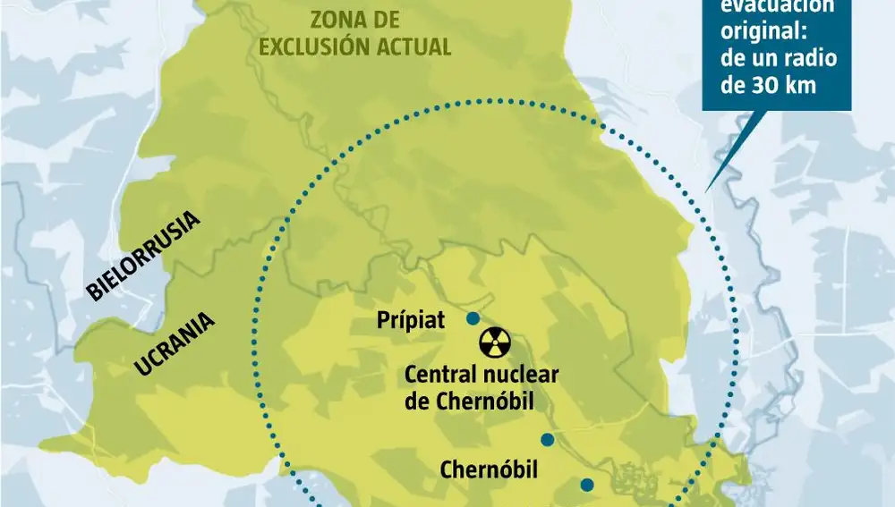 Mapa con la zona de exclusión alrededor de la central nuclear de Chernóbil.