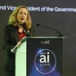 La vicepresidenta segunda y ministra de Asuntos Económicos y Transformación Digital, Nadia Calviño, en la inauguración de la IV edición del foro de Ametic 'Artificial Intelligence Summit 2021' del AMETIC