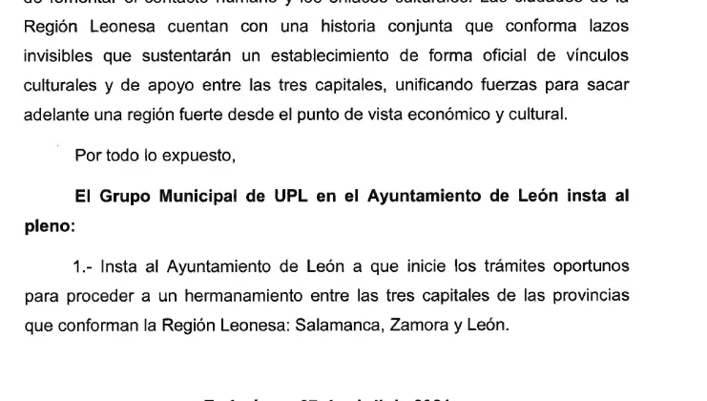 Punto cinco de la moción aprobada en el ayuntamiento de León sobre el hermanamiento con Salamanca y Zamora