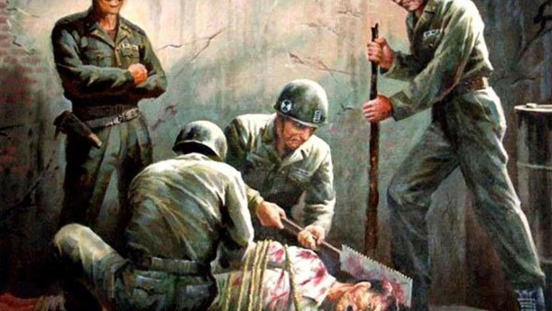 Imagen del museo de la masacre de Sinchon donde aparecen soldados estadounidenses torturando a coreanos.