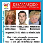 Cartel de SOS Desaparecidos sobre la desaparición de Tomás y de sus hijas Anna Gimeno y Olivia