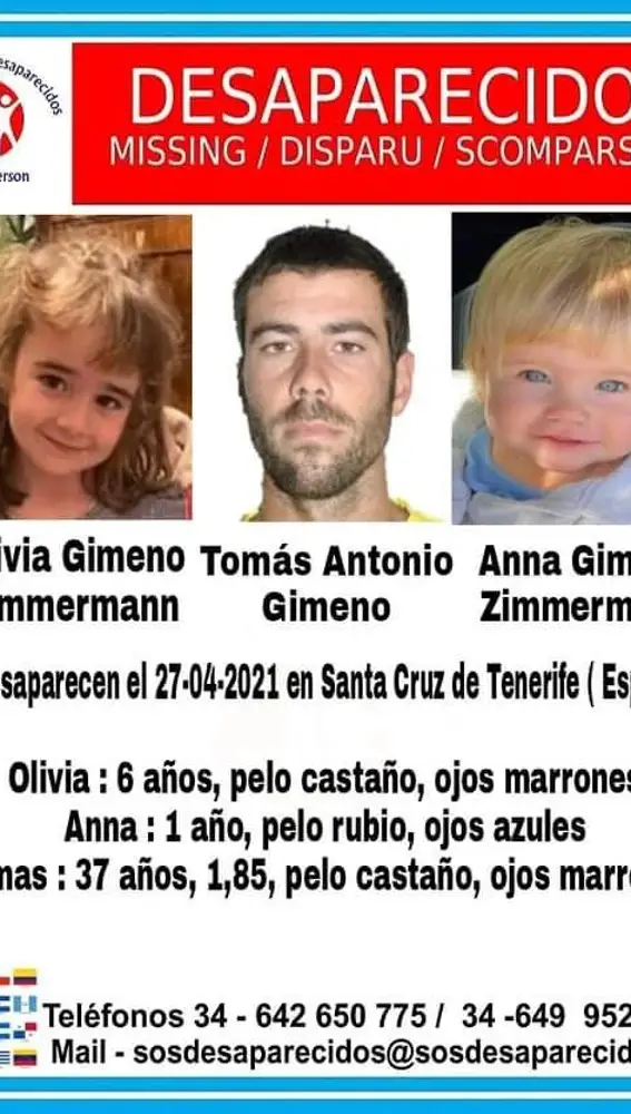 Cartel de SOS Desaparecidos sobre la desaparición de Tomás y de sus hijas Anna Gimeno y Olivia