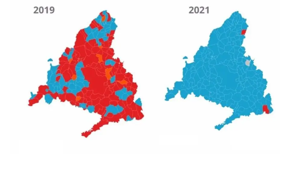 Mapa de "poder" en la Comunidad de Madrid en las elecciones de 2019 y en las de 2021