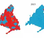 Mapa de &quot;poder&quot; en la Comunidad de Madrid en las elecciones de 2019 y en las de 2021