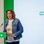 La secretaria general del PSOE andaluz, Susana Díaz, durante la rueda de prensa ofrecida hoy en la sede del partido en Sevilla