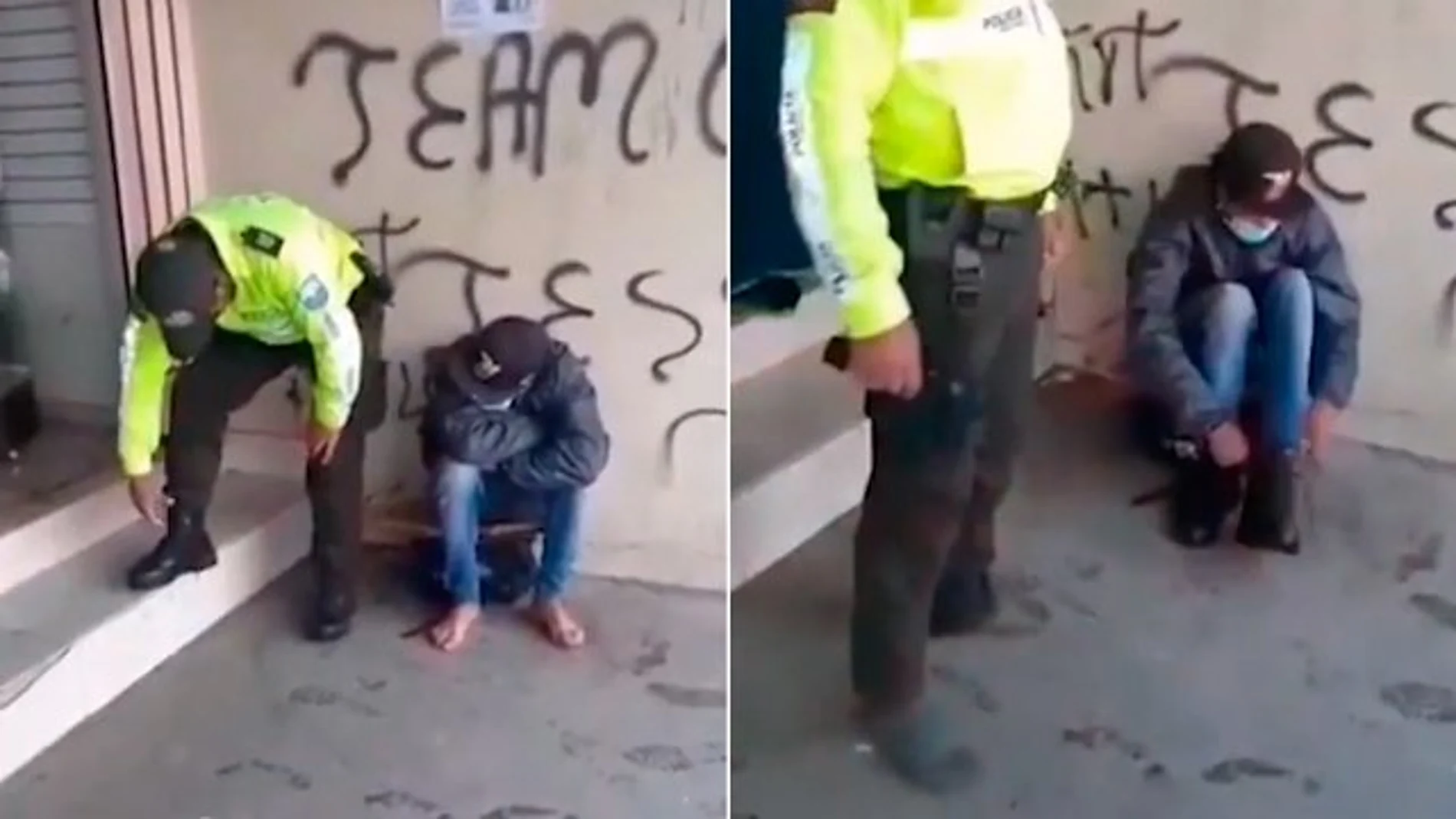 Imagen del vídeo del policía ecuatoriano entregando sus botas a un migrante colombiano