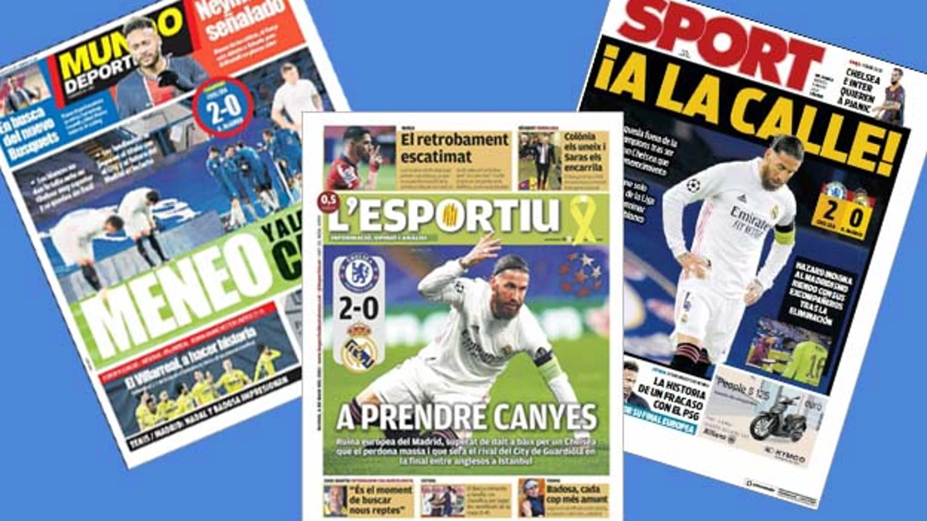 Portadas de 'Mundo Deportivo', 'L'Esportiu' y 'Sport' después de la eliminación del Real Madrid contra el Chelsea.