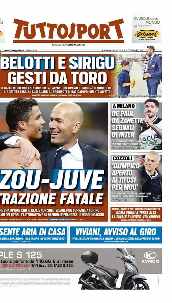 Portada del diario 'Tuttosport' con el posible regreso de Zinedine Zidane a la Juventus.