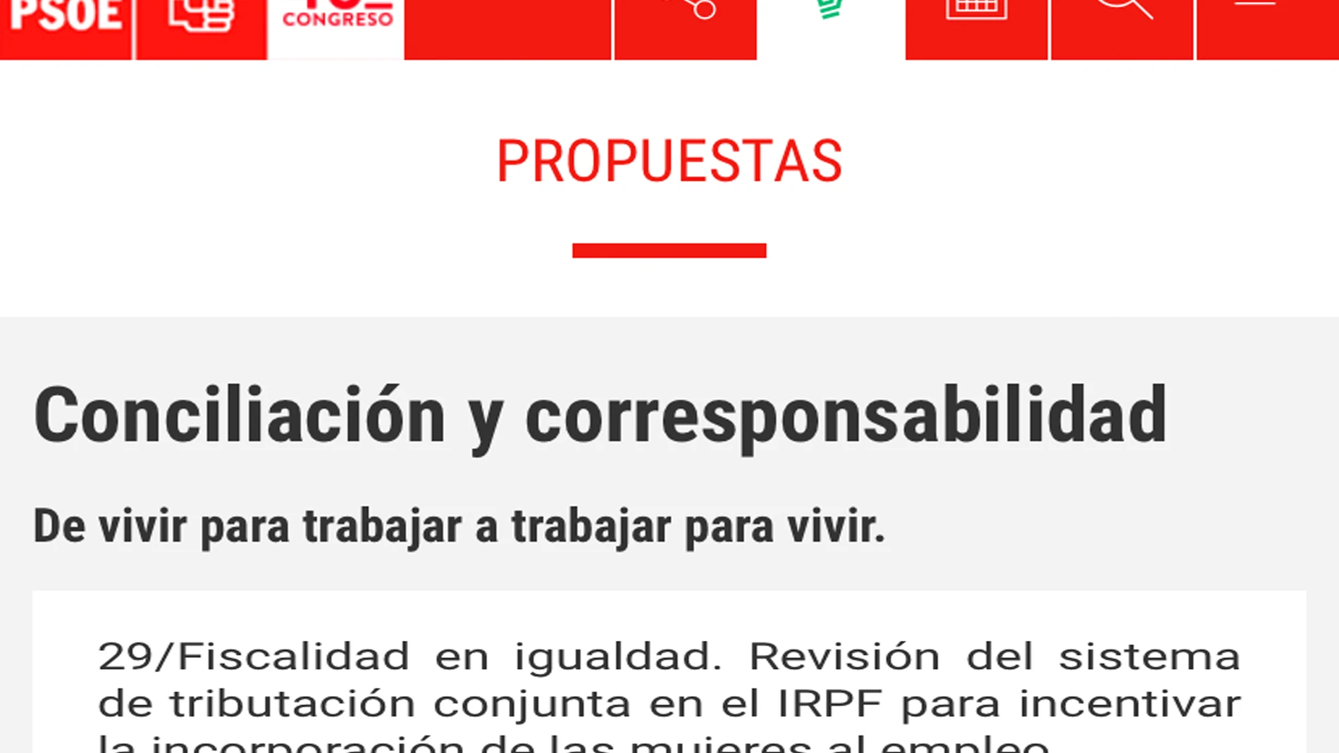 Captura del portal del PSOE del documento de 2015 de Conciliación y Corresponsabilidad, que aún sigue colgado, en el que se apuesta por la eliminación de la reducción de las declaraciones conjuntas
