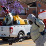 Un operario inicia las labores de fumigación y el tratamiento en imbornales contra el mosquito para prevenir el Virus del Nilo en Coria del Río. María José López / Europa Press