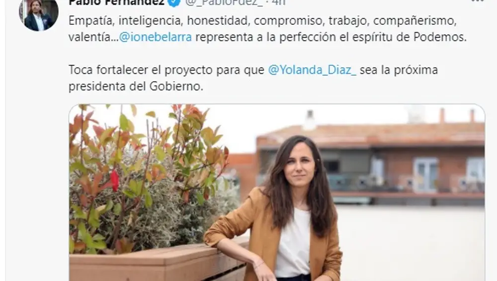 Twitter de Pablo Fernández, donde ensalza la figura de Ione Belarra