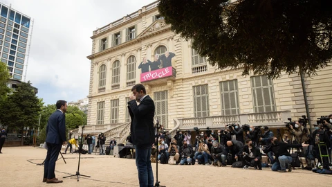 Jordi Sànchez y Pere Aragonès ante los medios de comunicación para presentar su acuerdo de gobierno