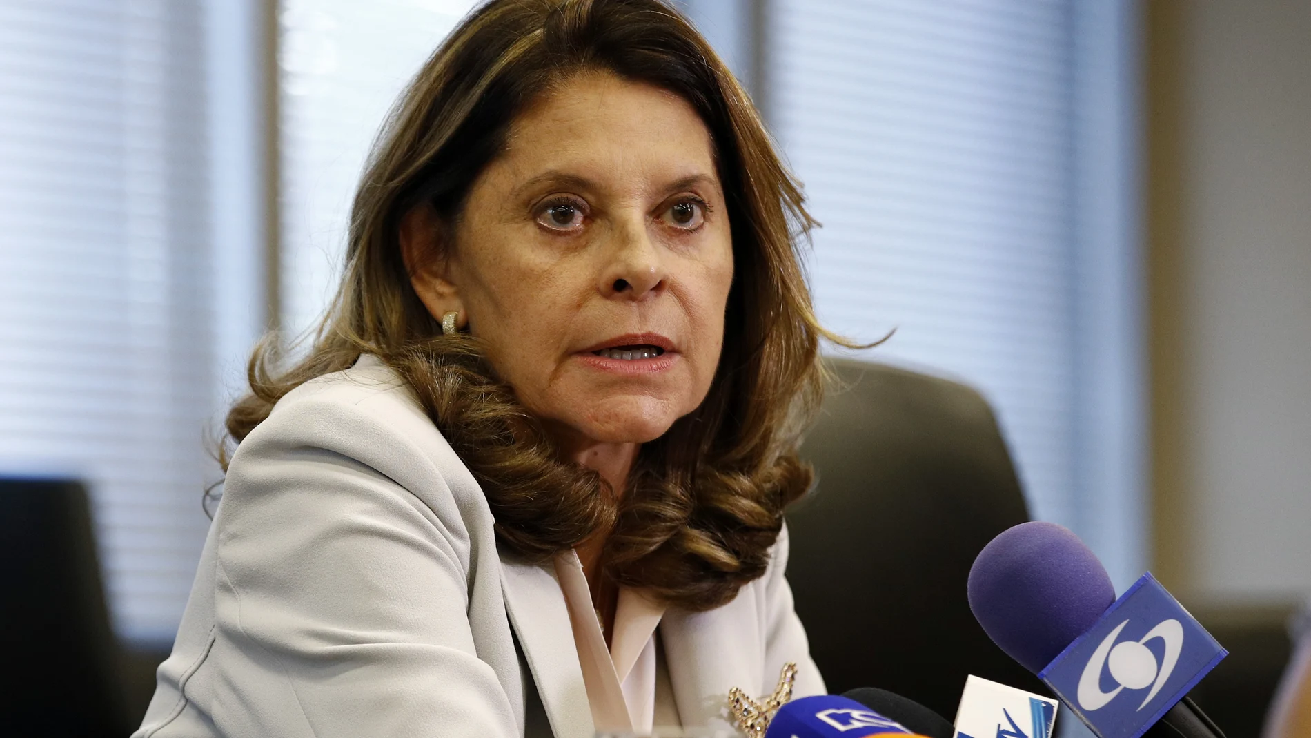 FILE - In this May 6, 2019 file photo, Colombia's Vice President Marta Lucia Ramirez speaks at a news conference at the Colombian embassy in Washington. President Ivan Duque has named Ramirez on Wednesday, May 19, 2021, to be the country's next Foreign Minister. (AP Photo/Patrick Semansky)