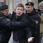 El periodista Raman Pratasevich en una imagen de archivo de una protesta en Minsk en 2017