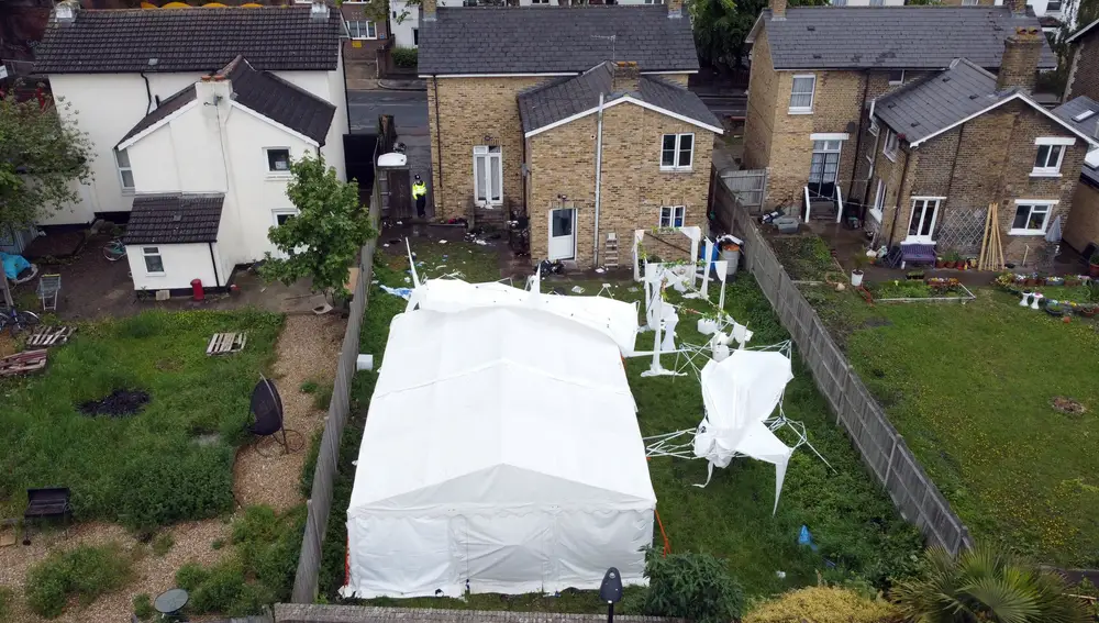 A view shows a tent at the back garden of a property, after BLM activist Sasha Johnson was shot in an early morning attack near her home, in Peckham, London, Britain, May 24, 2021. Picture taken with a drone. REUTERS/Hannah McKay