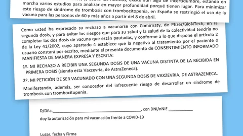 Detalles del modelo de consentimiento informado que deberán cumplimentar quienes decidan no ponerse la segunda dosis de AstraZeneca con Pfizer