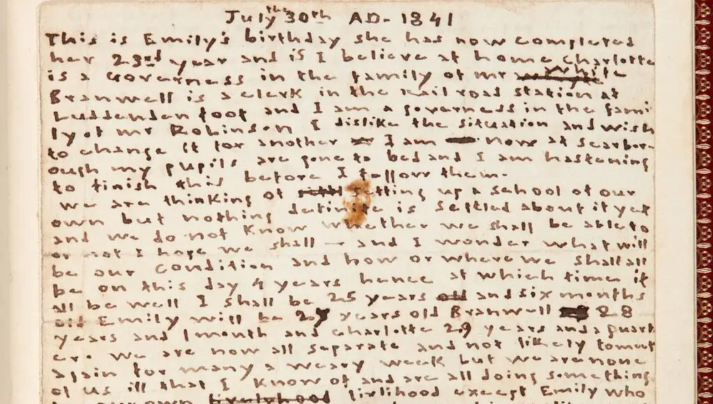 Una página del diario de Anne Brontë, en la que se menciona el cumpleaños número 23 de Emily