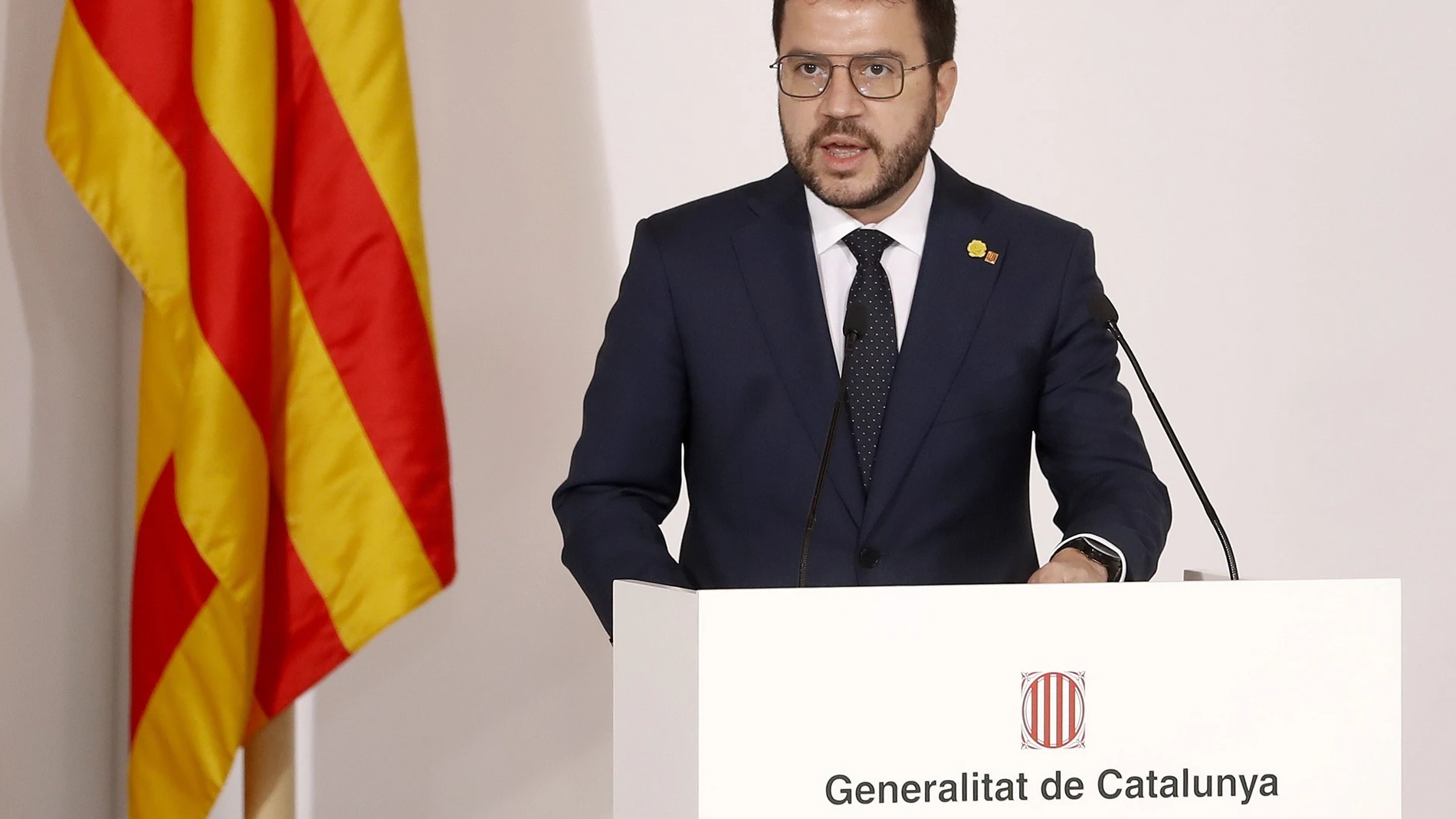 El presidente de la Generalitat, Pere Aragonès durante el acto de toma de posesión de los nuevos consejeros
