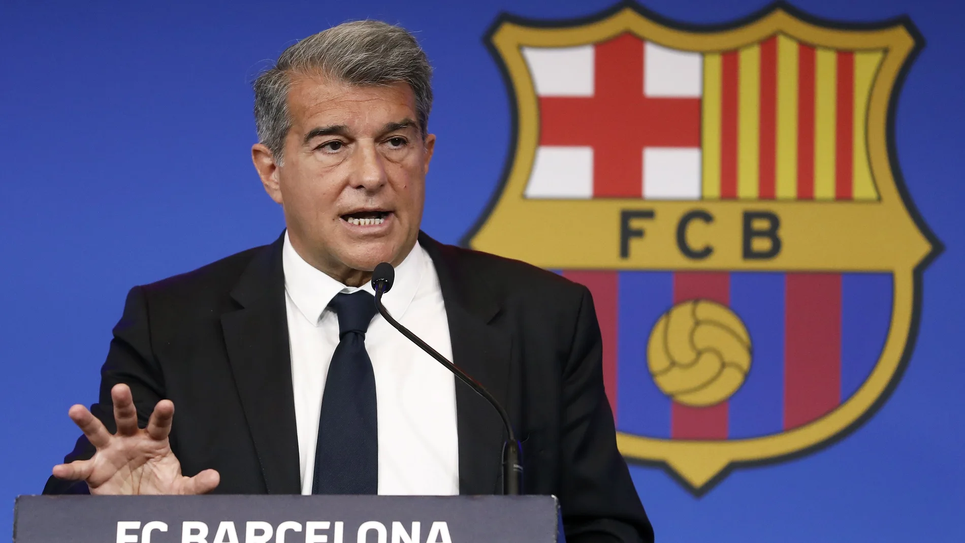 El presidente del FC Barcelona, Joan Laporta, durante una rueda de prensa