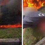 Capturas de la operación de rescate de dos policías con el hombre que quedó atrapado en una camioneta en llamas