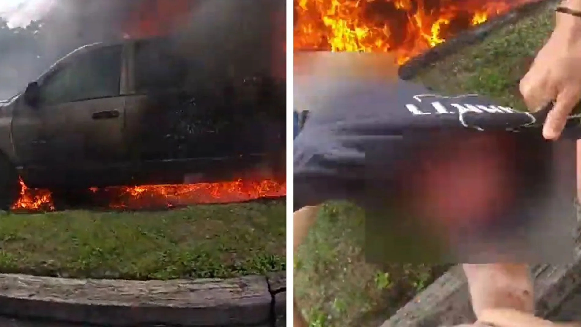 Capturas de la operación de rescate de dos policías con el hombre que quedó atrapado en una camioneta en llamas