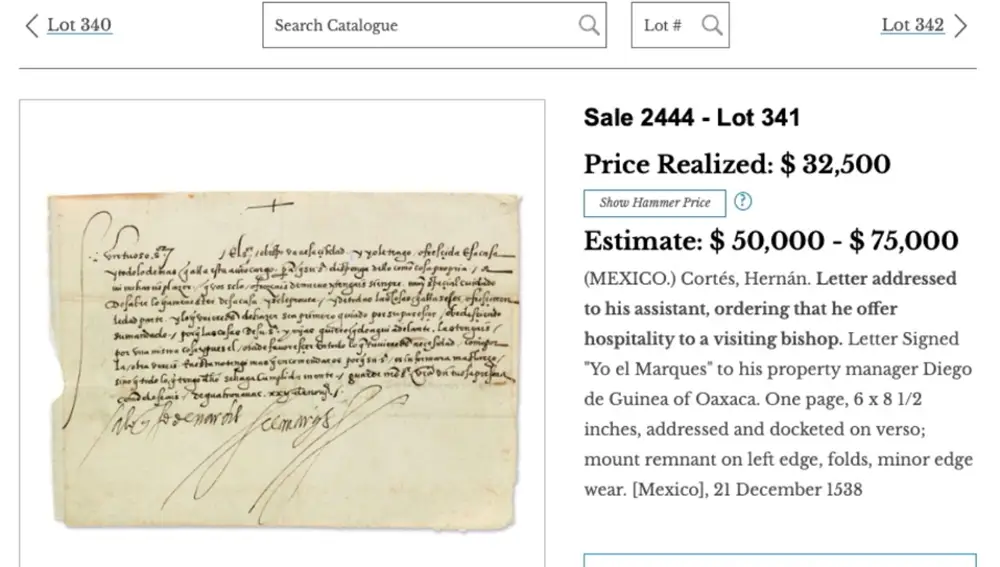Una carta de Hernán Cortés para subasta
